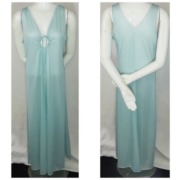 Vintage Aqua Blue Sleeveless Keyhole Nylon Nightgown L - Picture 2 of 7